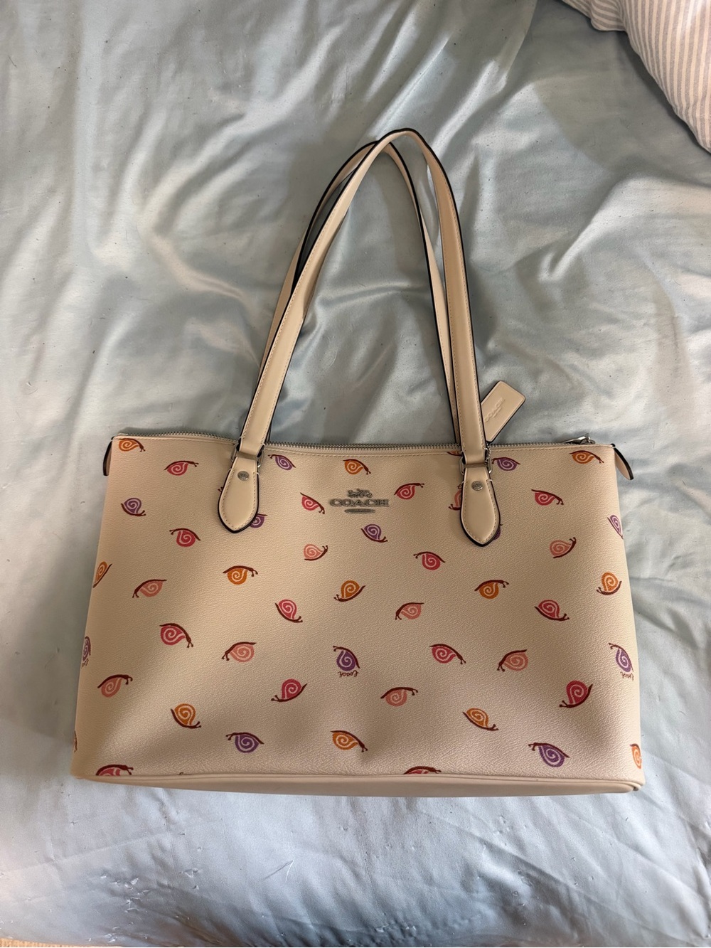 Coach Cream Tote with Pink, Orange, and Purple Swirl Print